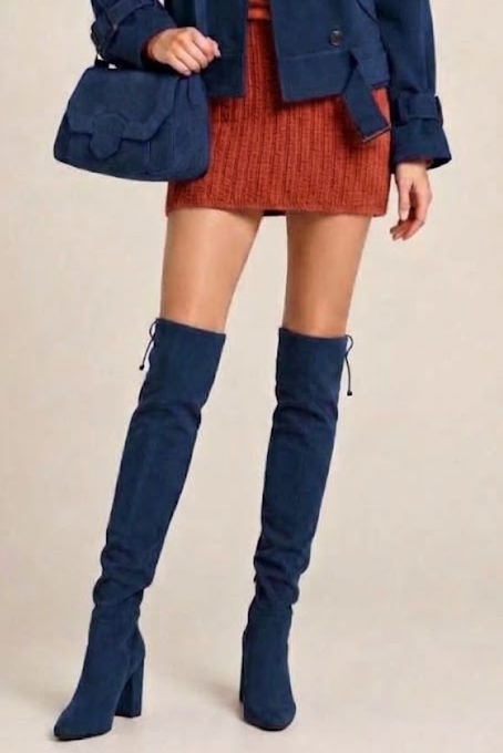 Women's navy blue custom-made thigh-high boots with round toe and high block heel - Worn view
